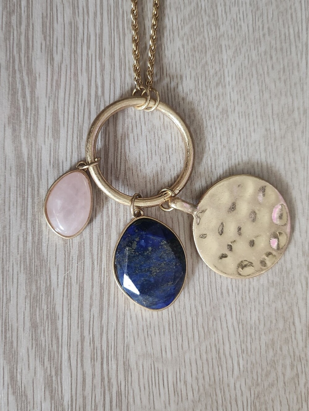 Lucky Brand Gold Pendant Necklace with Blue Lapis and Rose Quartz Charms